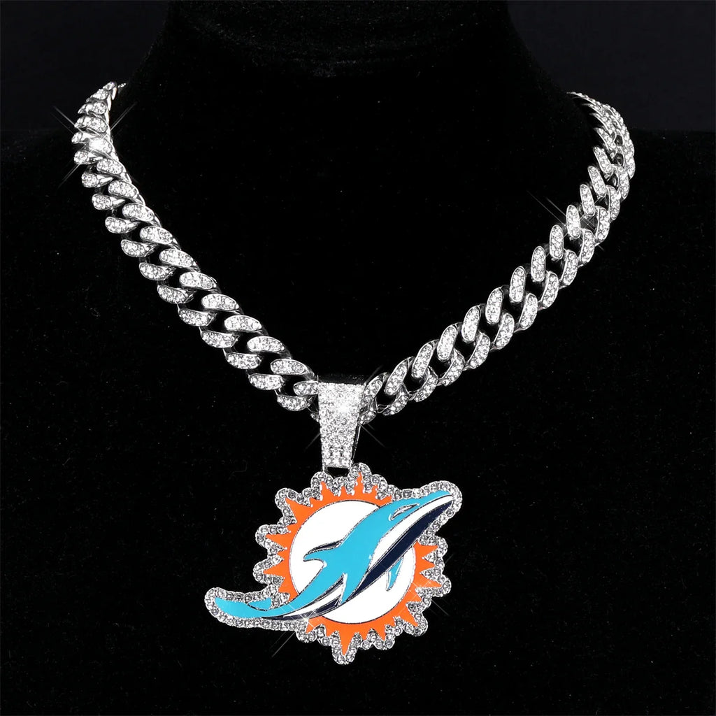 Sports LOGO Pendant Necklace with Iced Out Cuban Chains for Football Fans