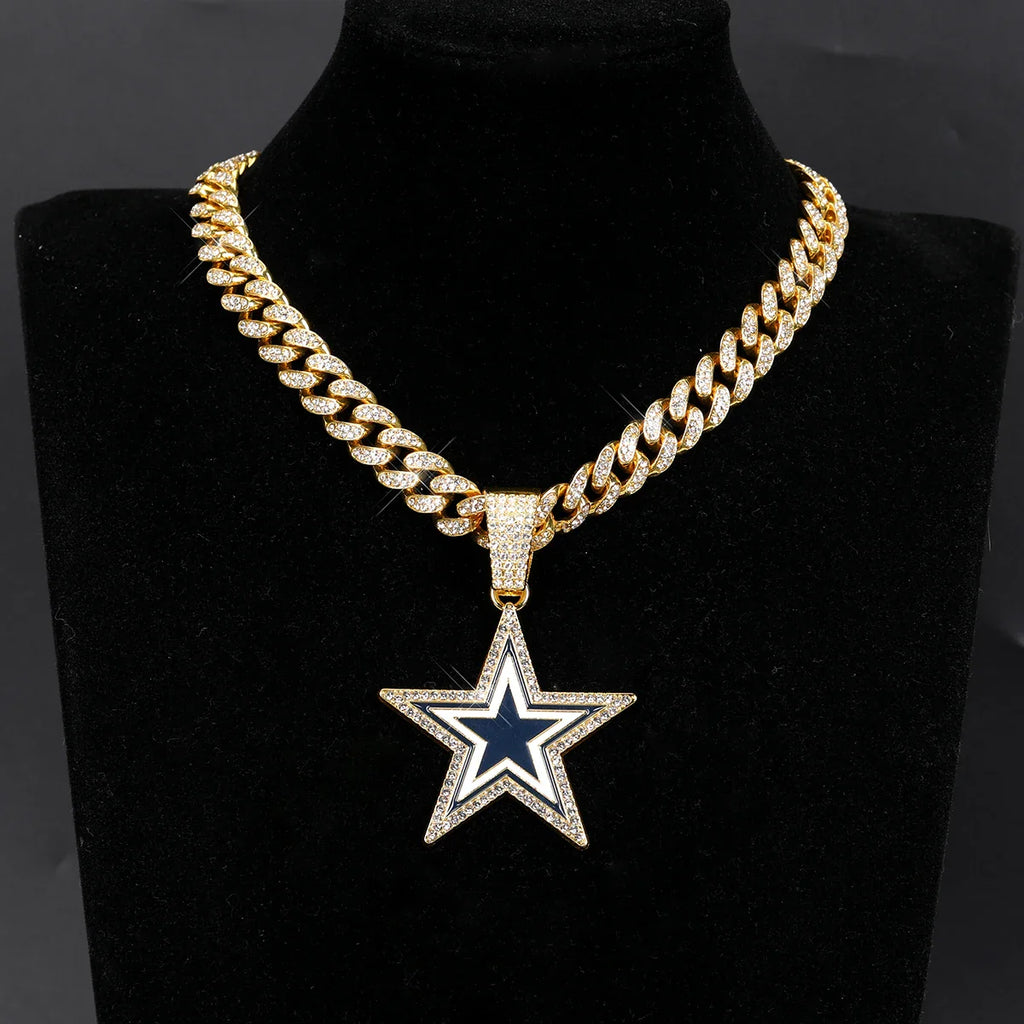 Sports LOGO Pendant Necklace with Iced Out Cuban Chains for Football Fans