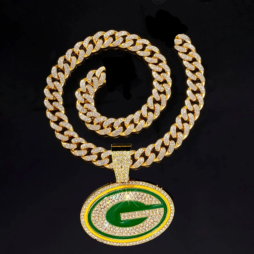 Sports LOGO Pendant Necklace with Iced Out Cuban Chains for Football Fans