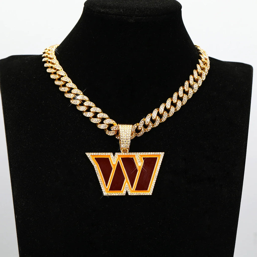 Sports LOGO Pendant Necklace with Iced Out Cuban Chains for Football Fans